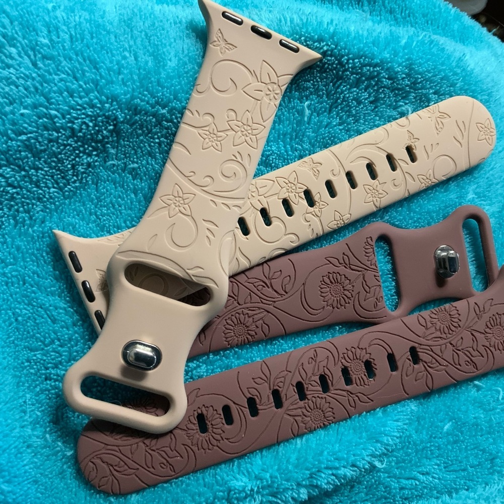 NEW Apple compatible silicone watch bands with engraved flowers.